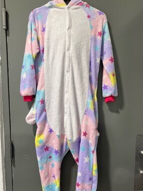 Pastel Star Print Plush Onesie - Hooded Fuzzy Jumpsuit Size 12